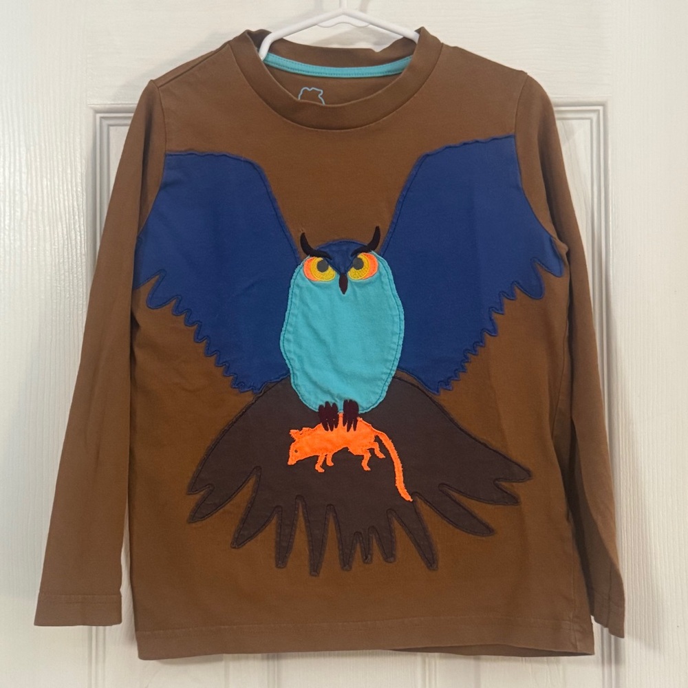 Mini Boden Brown Long Sleeve Tee with Blue & Turquoise Owl Appliqué